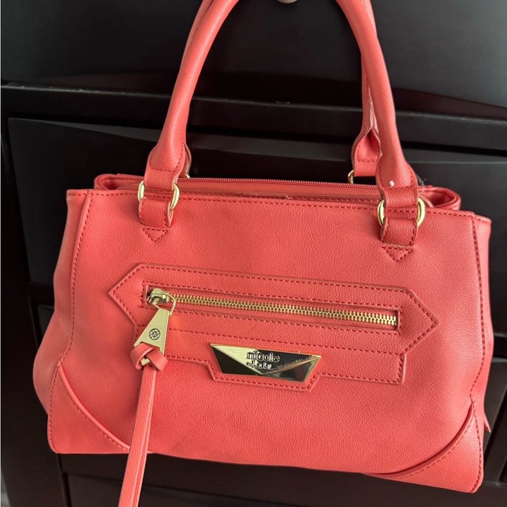 Nicole by Nicole Miller Coral Satchel with Gold Details